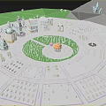 Cartoon City Scene Featuring Circular Layout Central Orange Structure Green Area And Colorful Buildings