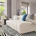 Duplex Living Room Interior With Large Windows Green Plant View And Black White Geometric Rug