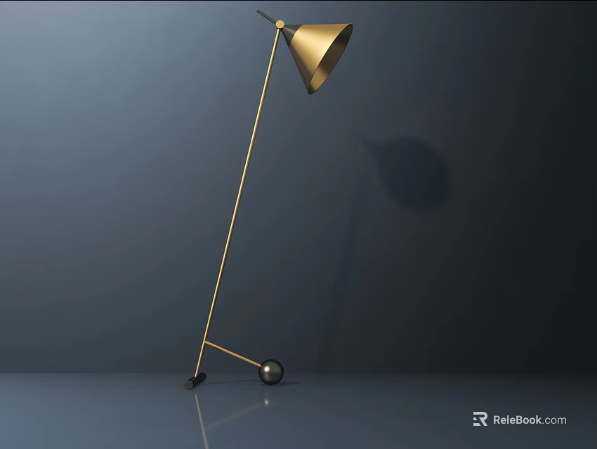 Modern Golden Floor Lamp With Metal Stand Conical Shade And Wheels 3d model 