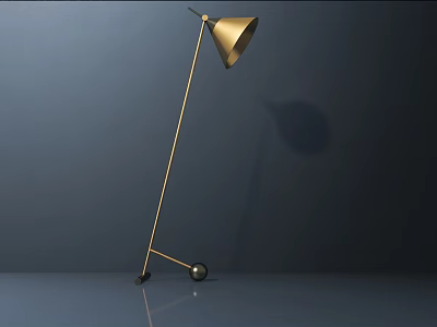 Modern Golden Floor Lamp With Metal Stand Conical Shade And Wheels 3d model