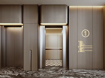 Luxury Elevator Lobby With Wooden Panels Marble Flooring And Recessed Lighting 3d model