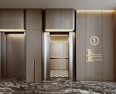 Luxury Elevator Lobby With Wooden Panels Marble Flooring And Recessed Lighting 3d model
