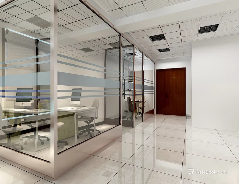 Modern Office Interior With Glass Partitions Desks Computers Office Chairs And Polished Tile Floor 3d model 