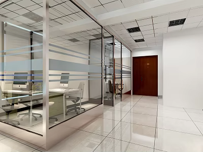 Modern Office Interior With Glass Partitions Desks Computers Office Chairs And Polished Tile Floor 3d model