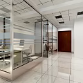 Modern Office Interior With Glass Partitions Desks Computers Office Chairs And Polished Tile Floor