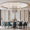 Luxurious Private Dining Room With Round Chandelier Marble Walls Blue Chairs And Floral Centerpiece