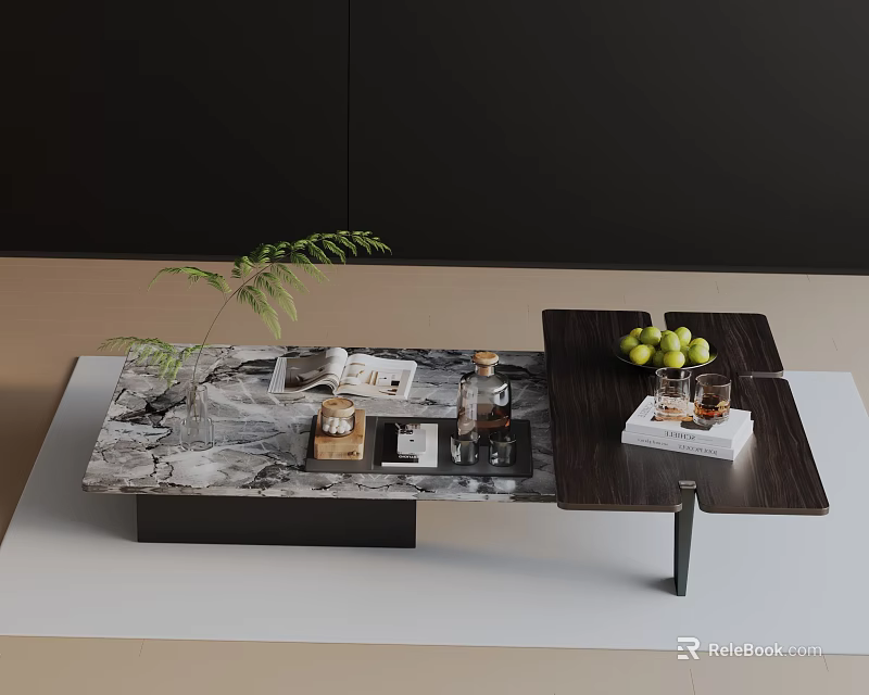 Modern Sofa and Coffee Table Set with Marble Surface Metal Frame Green Plant and Books 3d model 