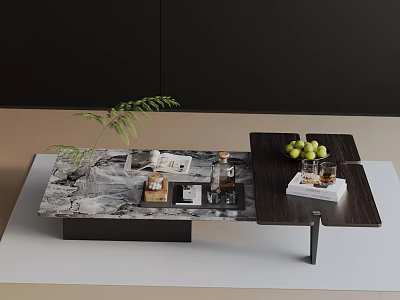 Modern Sofa and Coffee Table Set with Marble Surface Metal Frame Green Plant and Books 3d model