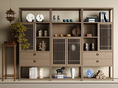 Traditional Chinese Wooden Display Shelf Featuring Porcelain Books And Decorative Accents 3d model