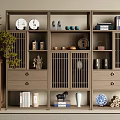 Traditional Chinese Wooden Display Shelf Featuring Porcelain Books And Decorative Accents