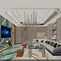 Modern Luxury KTV Interior Design With Large Screen TV Sofa Chandelier And Marble Floor