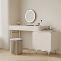 Minimalist White Dressing Table With Round Mirror Padded Stool And Cosmetics 3d model