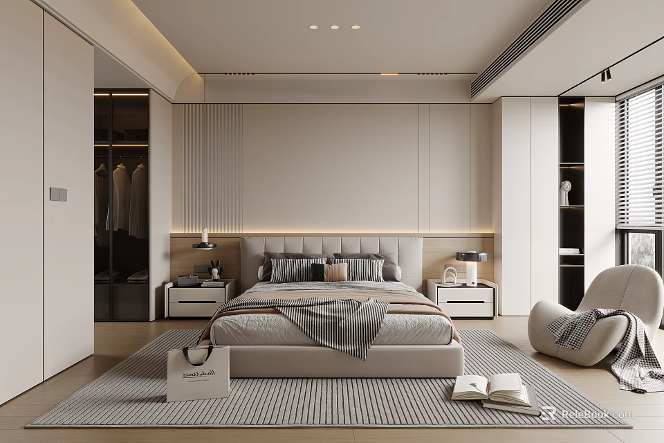 Modern Bedroom Interior With Large Bed Nightstands Table Lamps Rug And Open Closet 3d model 