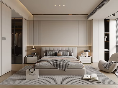 Modern Bedroom Interior With Large Bed Nightstands Table Lamps Rug And Open Closet 3d model