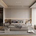 Modern Bedroom Interior With Large Bed Nightstands Table Lamps Rug And Open Closet