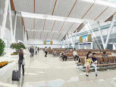Modern Station Interior Design With High Ceiling Wooden Structure Waiting Seats Passengers Luggage Green Plants 3d model