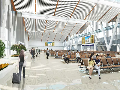 Modern Station Interior Design With High Ceiling Wooden Structure Waiting Seats Passengers Luggage Green Plants 3d model