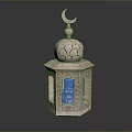 Intricately Carved Octagonal Lantern With Crescent Moon On Top And Decorative Patterns
