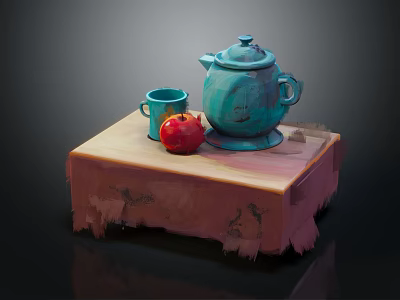 Green Ceramic Teapot and Cup with Red Apple on Wooden Table with Tablecloth 3d model