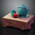 Green Ceramic Teapot and Cup with Red Apple on Wooden Table with Tablecloth