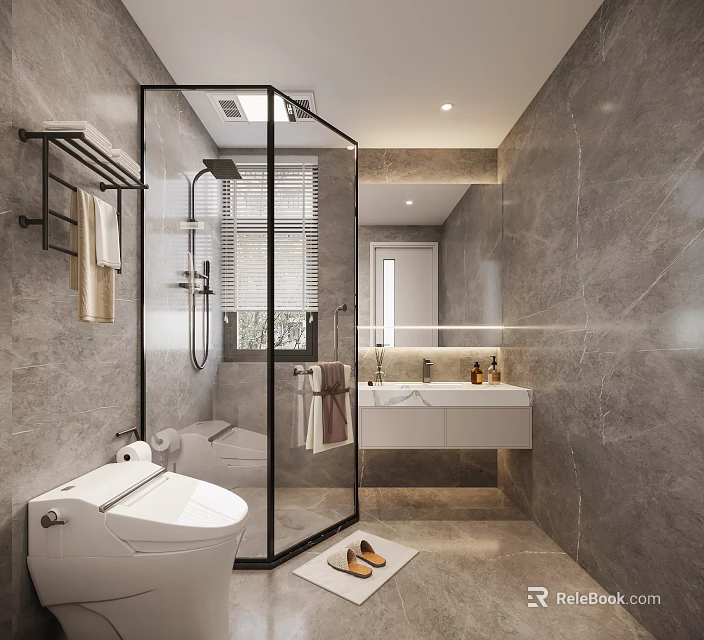 Modern Bathroom Interior With Glass Shower Enclosure Gray Marble Walls Double Vanity Sink And Mirror 3d model 