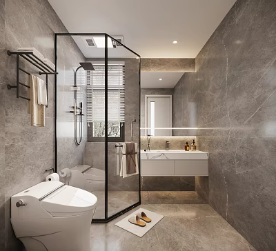 Modern Bathroom Interior With Glass Shower Enclosure Gray Marble Walls Double Vanity Sink And Mirror 3d model