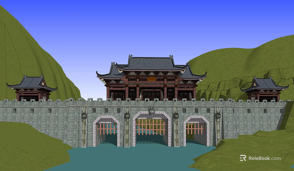 Classic Ancient Chinese Architecture With Stone Wall Gates And Scenic Mountain River 3d model 