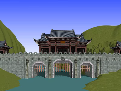 Classic Ancient Chinese Architecture With Stone Wall Gates And Scenic Mountain River 3d model