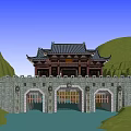 Classic Ancient Chinese Architecture With Stone Wall Gates And Scenic Mountain River