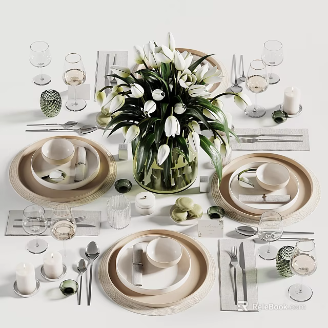 Elegant Dinnerware Set With Plates Glasses Tulips Vase Candles Placemats And Cutlery 3d model 