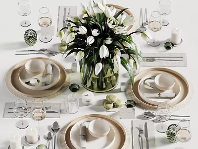 Elegant Dinnerware Set With Plates Glasses Tulips Vase Candles Placemats And Cutlery 3d model