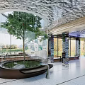 Modern Indoor Space Featuring Circular Pool Central Tree Glass Walls And Display Panels 3d model