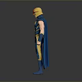 Man Wearing Blue Superhero Costume With Gold Helmet Star Emblem and Cloak