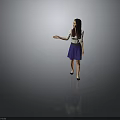 Woman With Long Hair In White Top And Purple Skirt Extending Hand On Gray Background