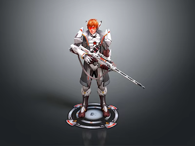 Game Movie Character With Red Hair White Red Armor And Long Spear On Circular Base 3d model