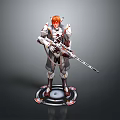 Game Movie Character With Red Hair White Red Armor And Long Spear On Circular Base