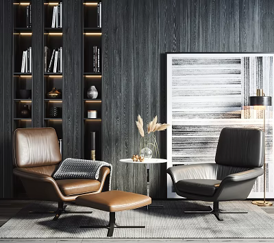 Modern Leisure Sofa Set With Brown Black Leather Chairs Coffee Table And Vase Flowers 3d model