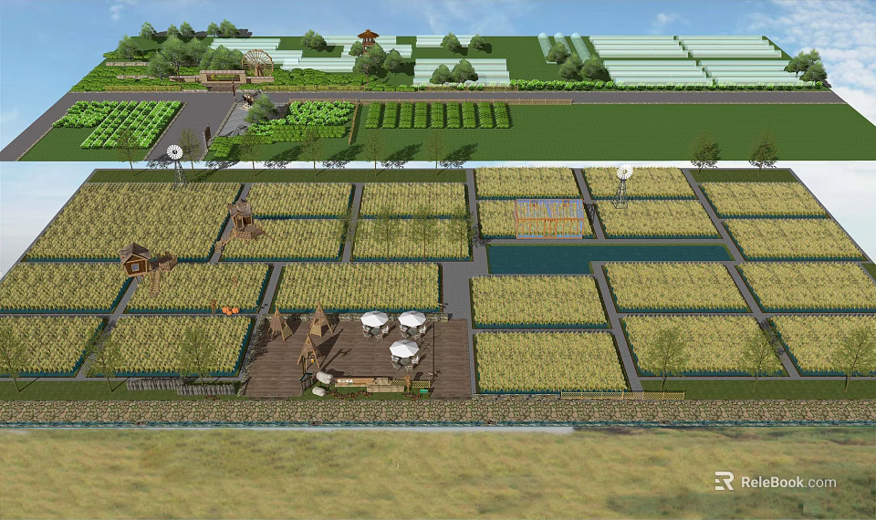 Rustic Outdoor Pergola In Farm Field Landscape With Greenery And Leisure Tables 3d model 