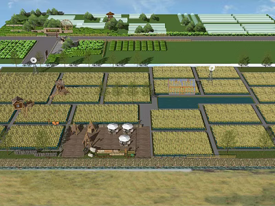 Rustic Outdoor Pergola In Farm Field Landscape With Greenery And Leisure Tables 3d model
