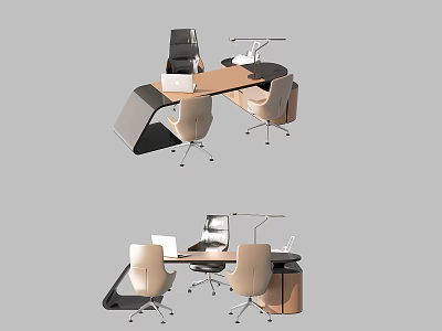 Modern Office Desk Design With Ergonomic Chairs Laptop And Lamp 3d model