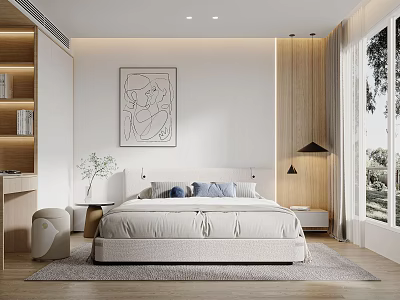 Modern Minimalist Bedroom Interior With White Bed Wooden Bookshelf And Large Window Curtains 3d model