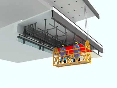Professional Office Building Exterior Maintenance With Workers On Yellow Suspended Platform 3d model