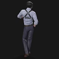 Man With Black Hair In White Shirt Green Tie Black Suspenders Black Gloves Standing Pose