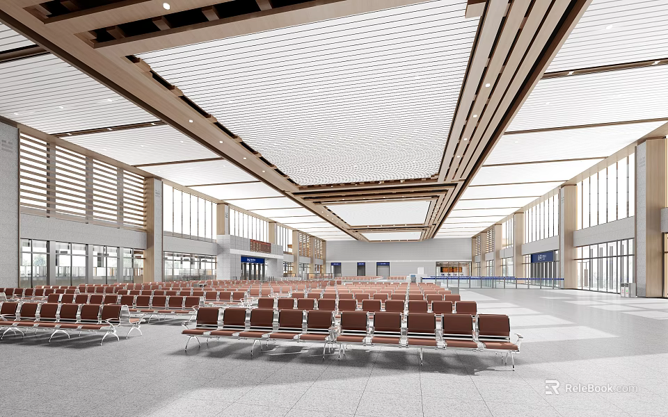 Spacious Modern Station Interior With Brown Waiting Seats And Wooden Ceiling 3d model 
