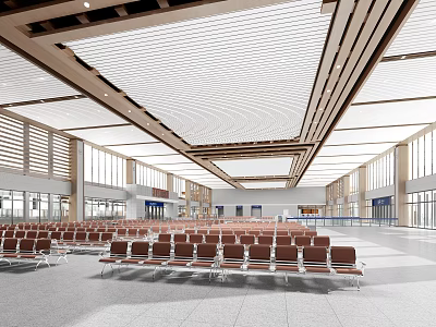 Spacious Modern Station Interior With Brown Waiting Seats And Wooden Ceiling 3d model