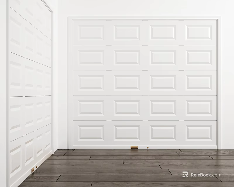 White Modern Garage Door Design With Wooden Floor And White Walls 3d model 