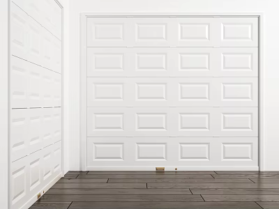 White Modern Garage Door Design With Wooden Floor And White Walls 3d model
