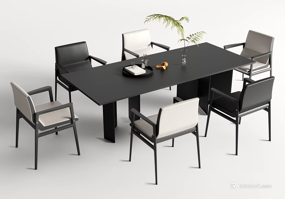 Modern Black Dining Table Set With Six White Cushioned Chairs And Plant Decor 3d model