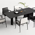 Modern Black Dining Table Set With Six White Cushioned Chairs And Plant Decor 3d model