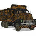 Old Rusty Yellow And Black Dump Truck With Worn Camouflage Design And Headlights